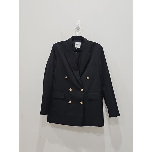 Zara Double Breasted Black Blazer Golden Buttons Size M NWT - Picture 2 of 16